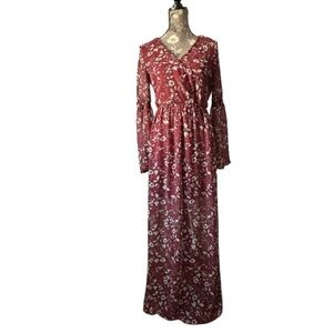 As U Wish Women's S Burgundy Floral Chiffon Long Bell Sleeve V-neck Maxi Dress